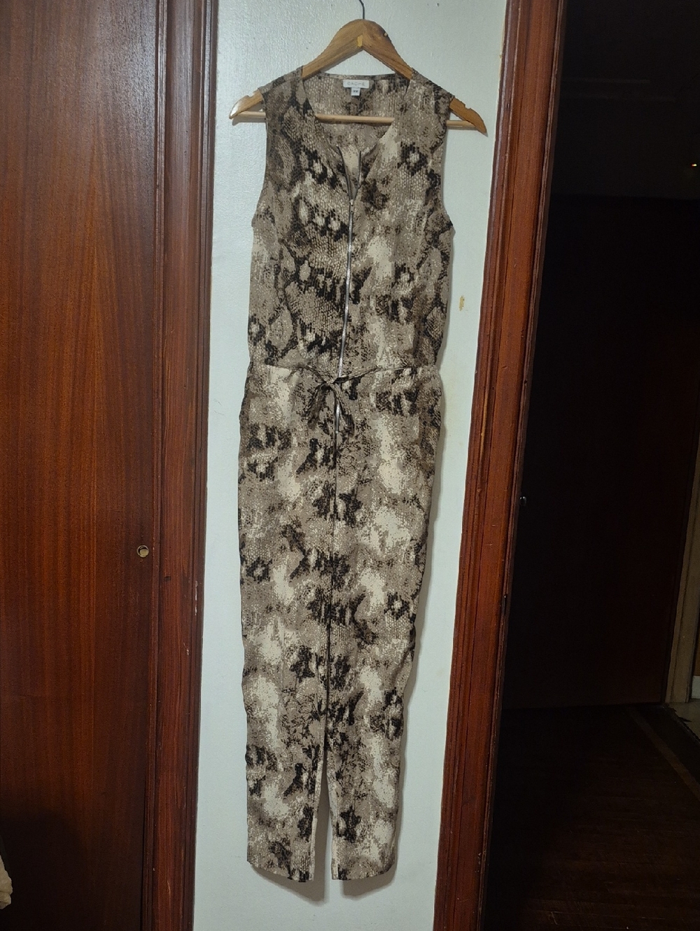 Cache Sleeveless Straight-Leg Jumpsuit in Beige and Black Snake Print